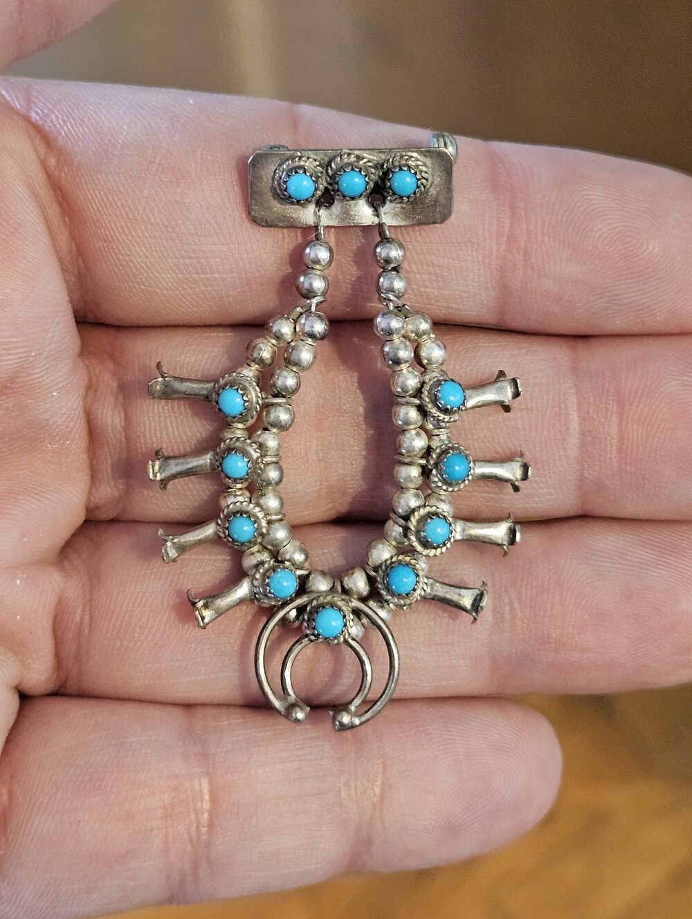 Vintage Native American Turquoise Sterling Silver Squash Blossom Pin Brooch